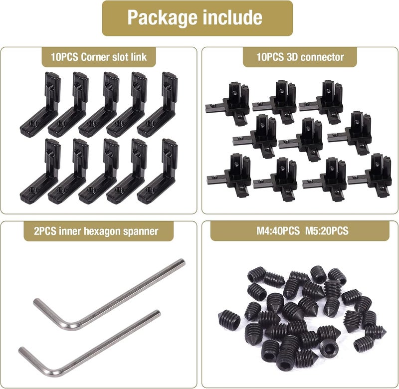 tchrules 20Pcs 2020 Aluminum Extrusion Connectors 3-Way End Corner Bracket Connector Black T Slot L-Shape Interior Corner Joint Bracket for Aluminum Extrusion Profile Slot Connector Set 6mm with Screws&Wrench - Image 2